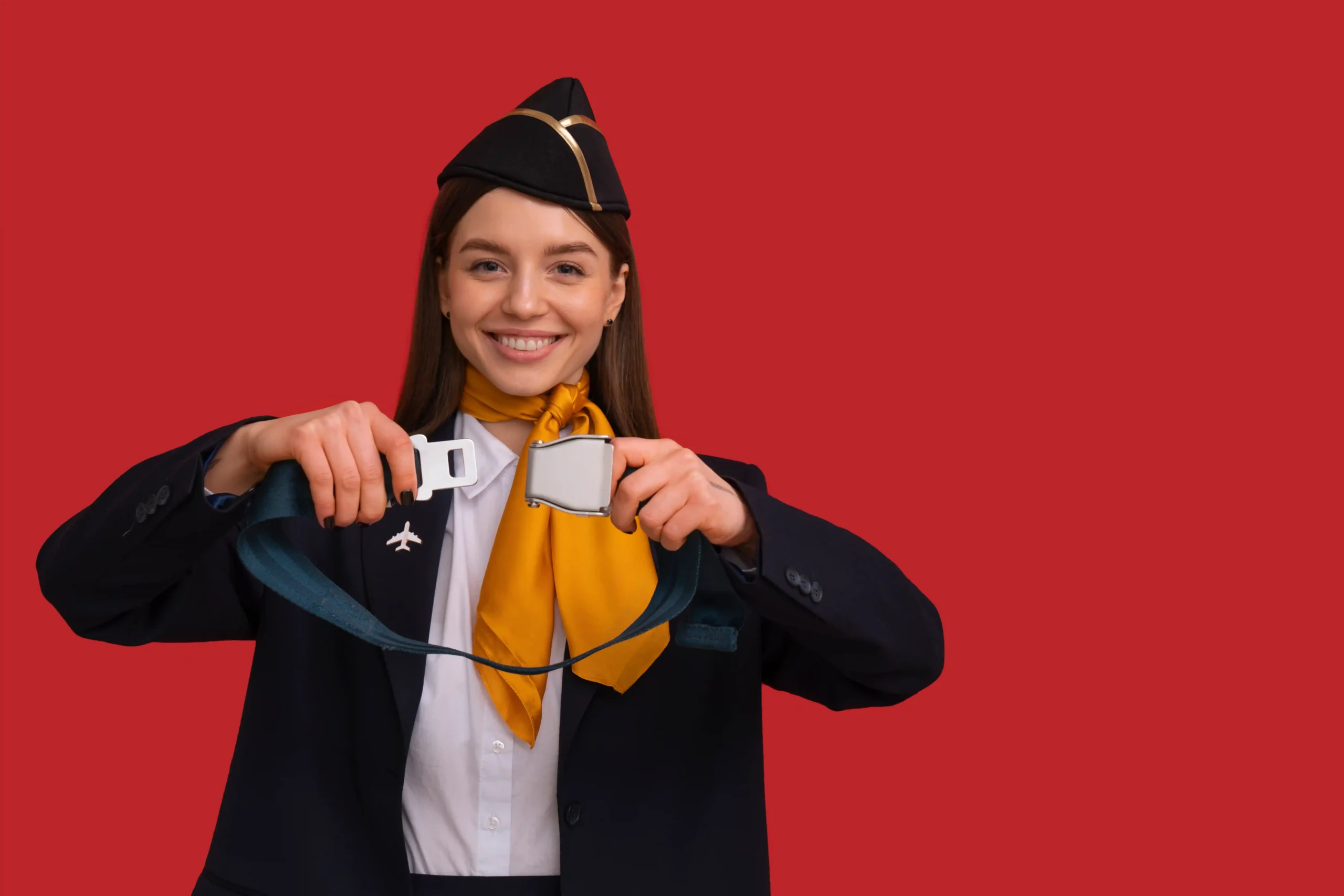 a airhostess showing how to lock a belt in plain - part of aviation courses in calicut training